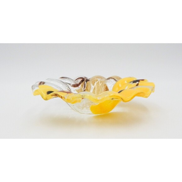 Sydenstricker Fused Glass Yellow Orchid Flower Ruffled Bowl Trinket 6-3/4 Inch - Picture 3 of 6